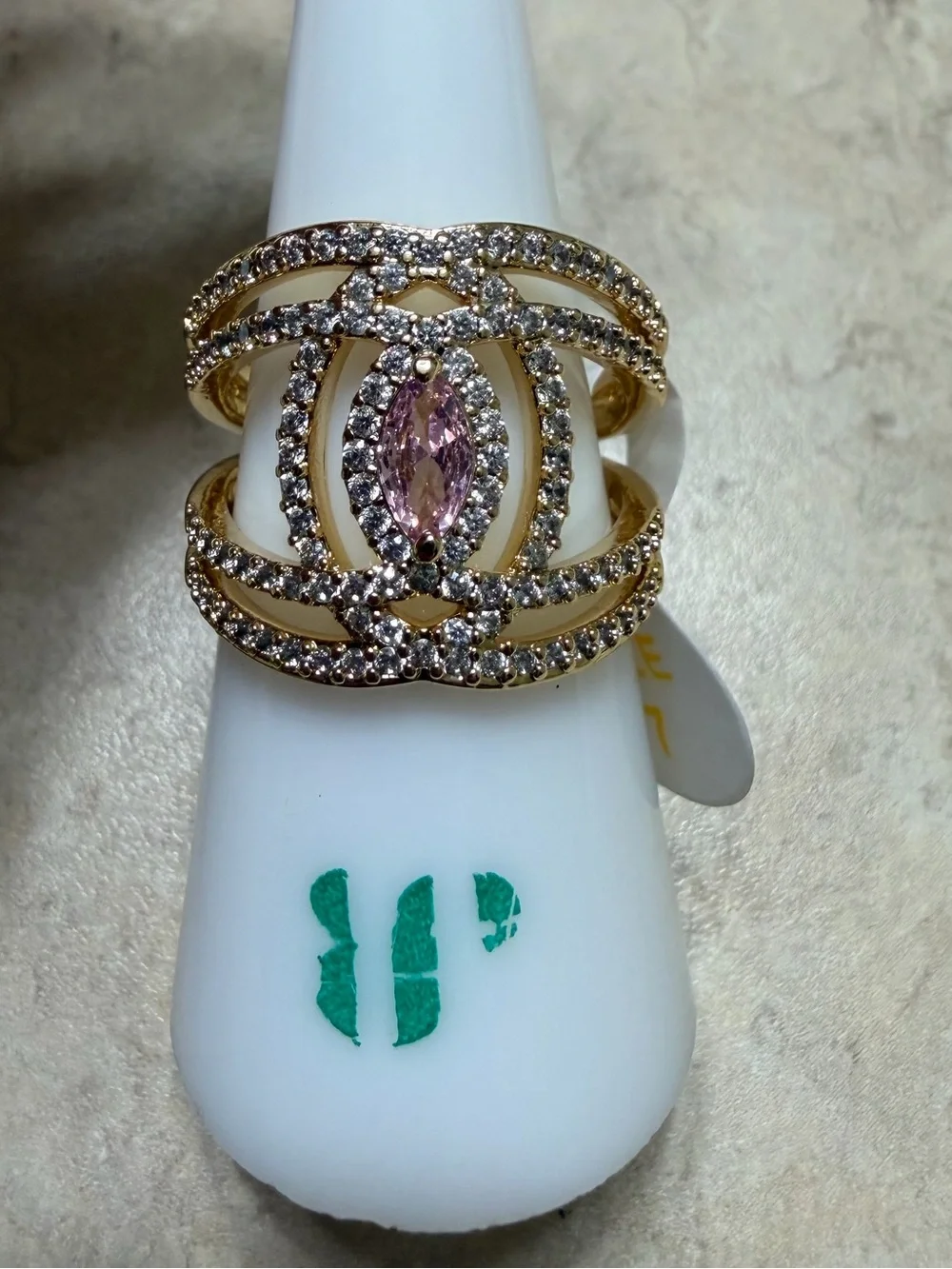Bomb Party Size 7 Ring-Laced Into The Details Rose Quartz on Gold RG66456